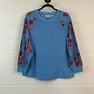 Belle by Kim Graver Sz M Waffle Knit Floral Sleeve Sweater
